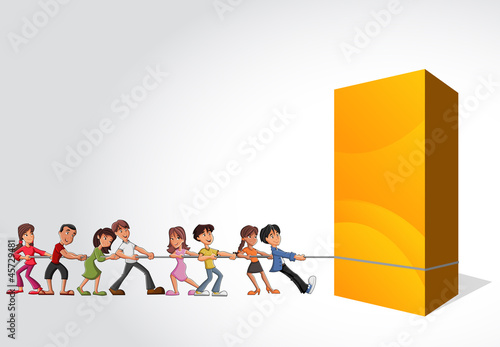 Group of children pulling a big yellow box