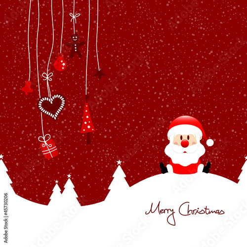 Sitting Santa & Hanging Symbols Red Background