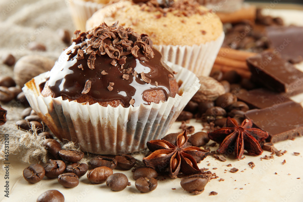 tasty muffin cakes with chocolate, spices and coffee seeds, tasty muffin cakes with chocolate, spices and coffee seeds,