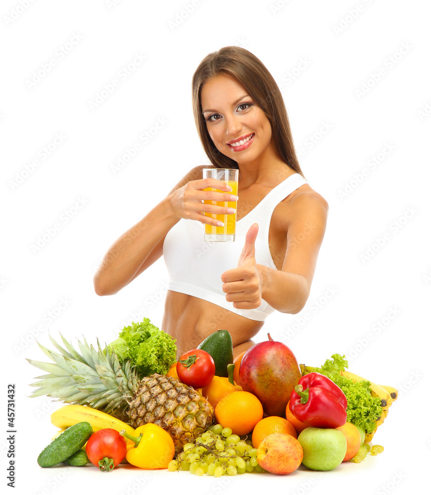 beautiful young woman with fruits and vegetables and glass of beautiful young woman with fruits and vegetables and glass of