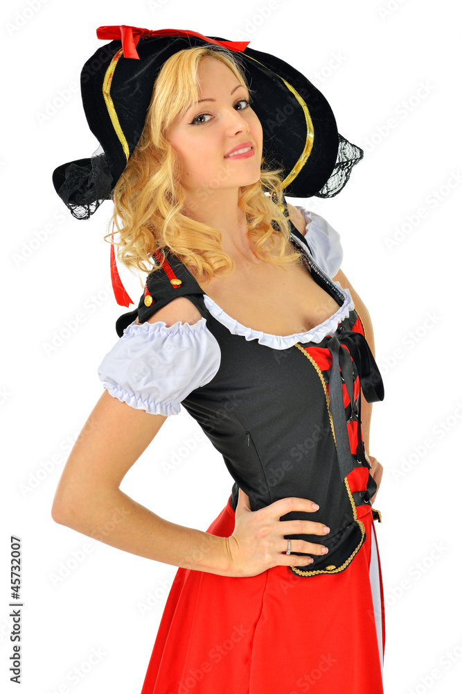 Beautiful blonde woman in carnival pirate costume. Beautiful blonde woman in carnival pirate costume.