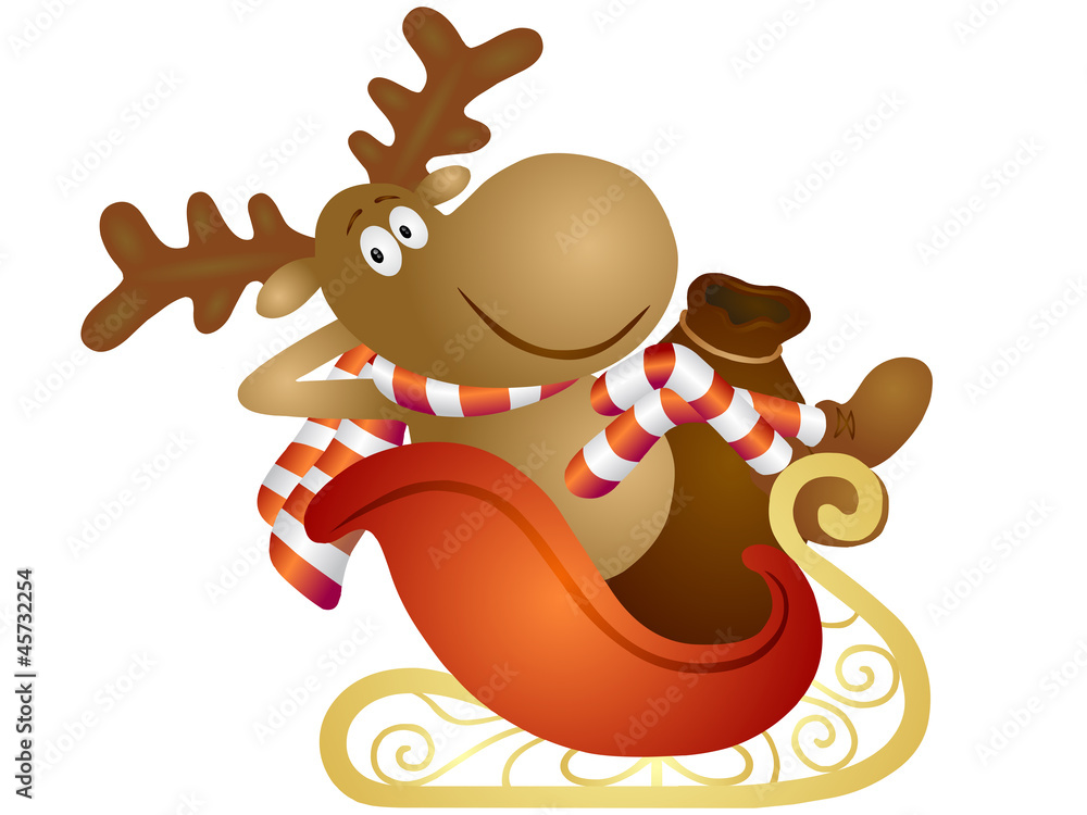 Ein Rentier räkelt sich im Weihnachtsmannschlitten, freigestellt