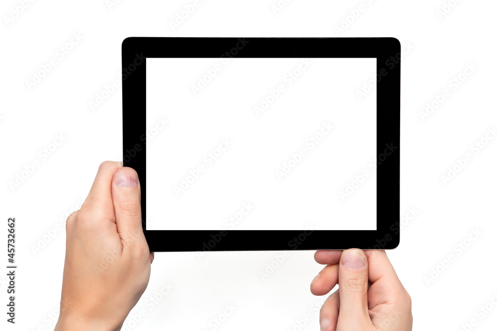 Men hands hold a tablet touch computer gadget with isolated scre Men hands hold a tablet touch computer gadget with isolated scre