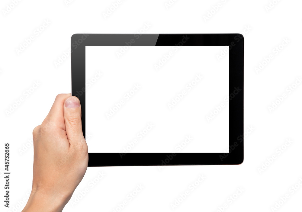 Men hand hold a tablet touch computer gadget with isolated scree Men hand hold a tablet touch computer gadget with isolated scree