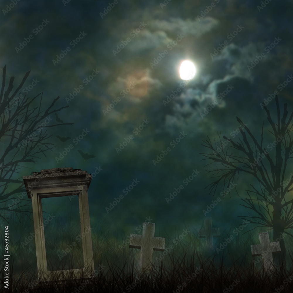 Spooky Halloween graveyard with dark clouds and ominous moon