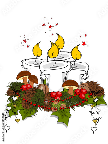 Weihnachten, Adventskranz mit Kerzen und Pilzen