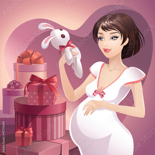 pregnant brunette with gifts