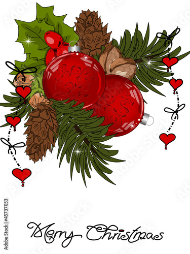 Weihnachten, Karte mit Kugeln und Tanne
