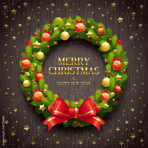 Vector Christmas wreath on a wooden background