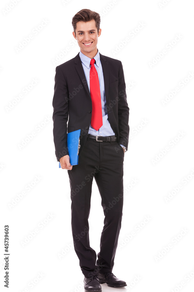 confident business man holding a clipboard confident business man holding a clipboard