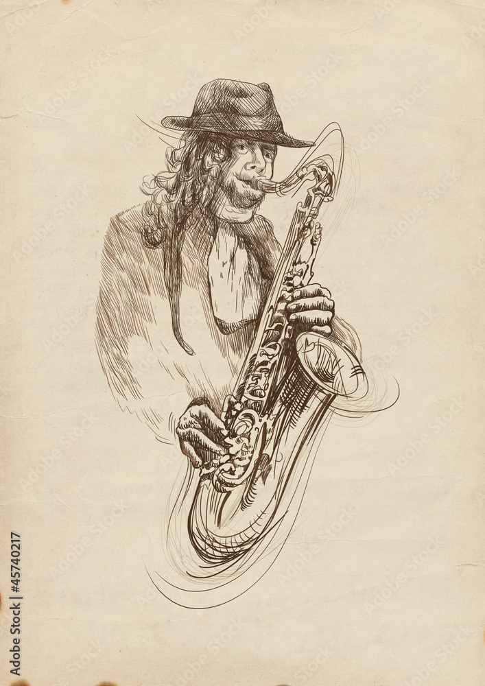 saxophonist, hand drawing, this is original sketch Stock Illustration ...