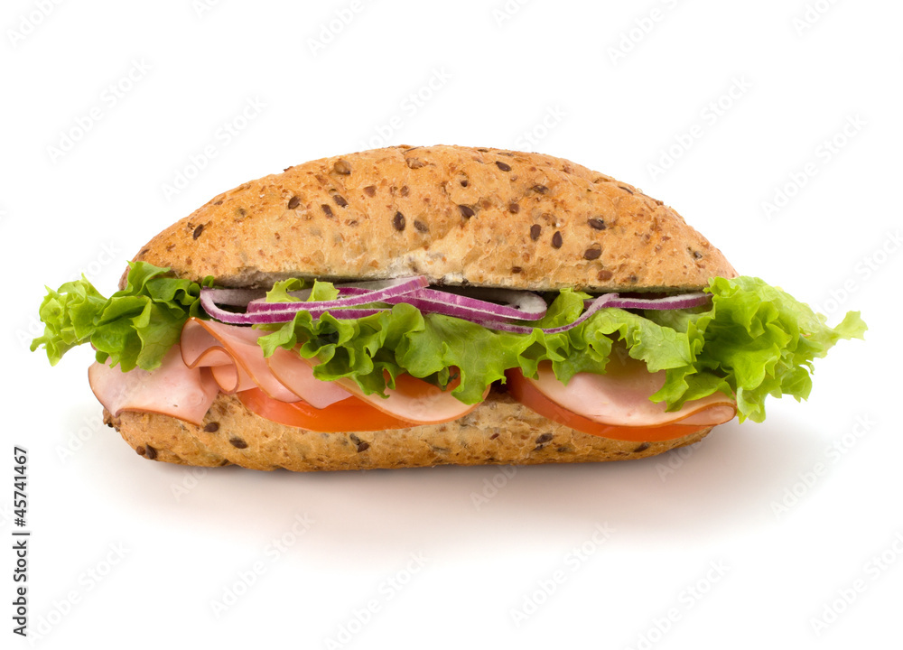 fast food baguette sandwich with lettuce, tomato, ham and chees fast food baguette sandwich with lettuce, tomato, ham and chees