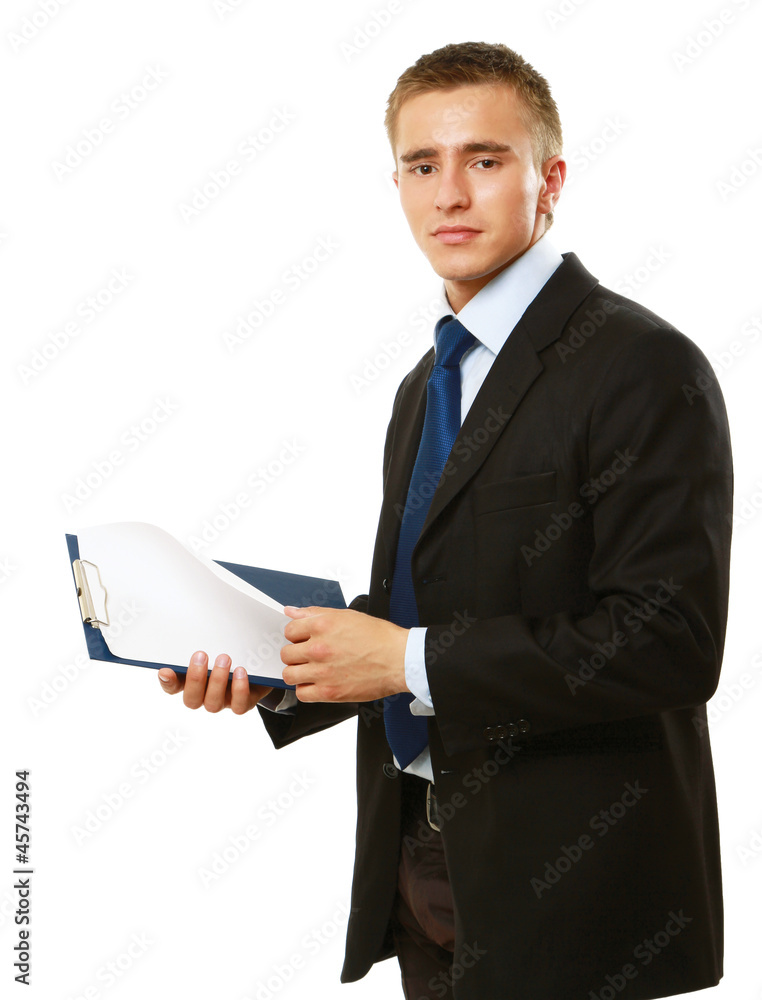 A businessman with a folder standing on white background A businessman with a folder standing on white background