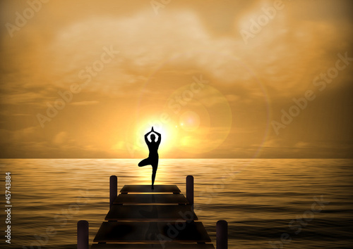 Stock Illustration of Yoga on Beach Bridge at Sunset