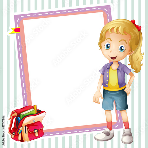 girl, school bag and white board
