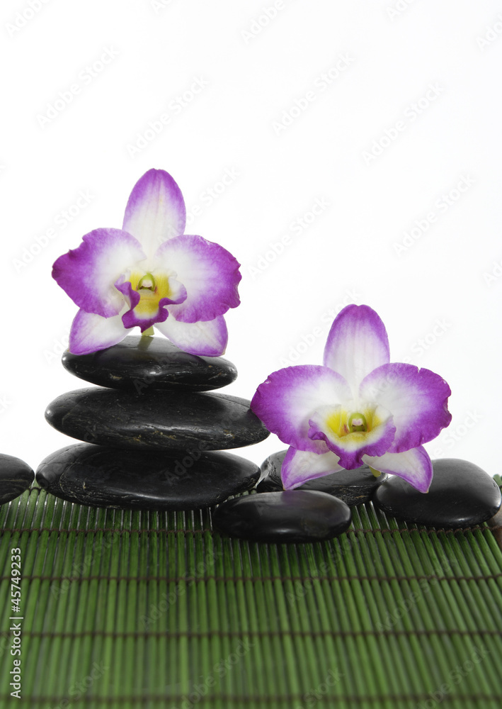 Two orchid with stacked of stones on green bamboo mat Two orchid with stacked of stones on green bamboo mat