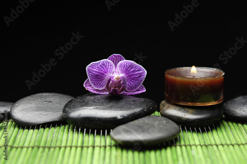 pink orchid with zen stone and candle on green mat