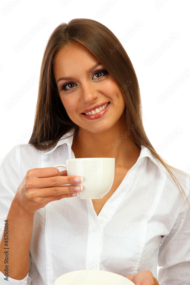 beautiful young woman with cup of coffee, isolated on white beautiful young woman with cup of coffee, isolated on white