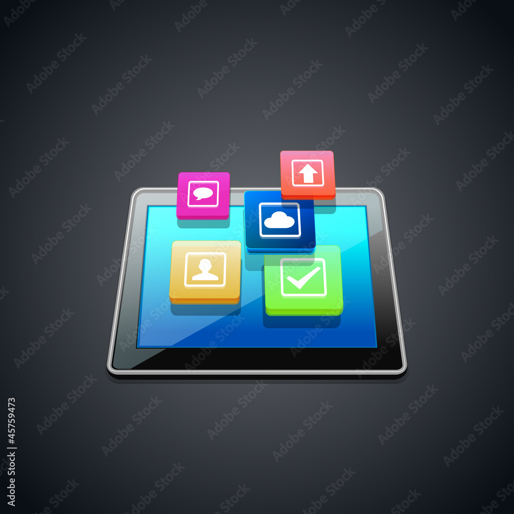 Tablet PC with cloud of application icons Tablet PC with cloud of application icons