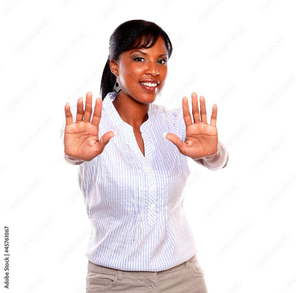 Charming adult woman giving the high Charming adult woman giving the high