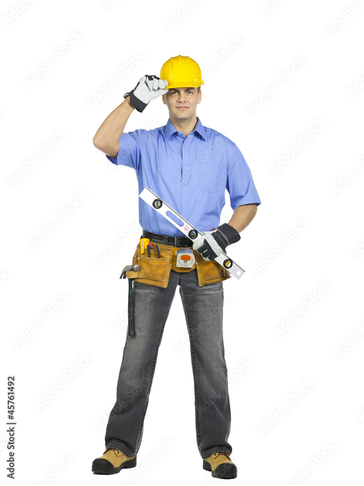 construction worker holding a level ruler construction worker holding a level ruler
