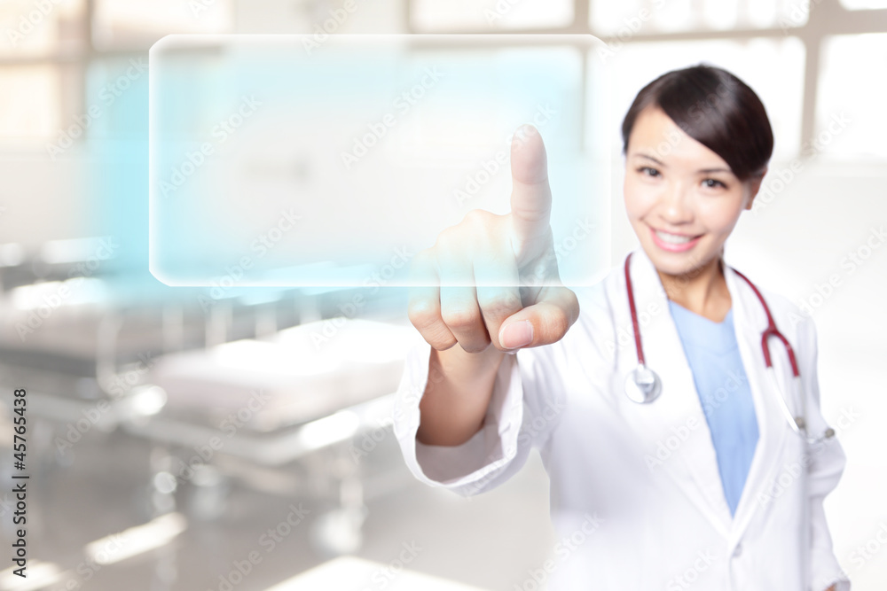 woman doctor press empty button woman doctor press empty button