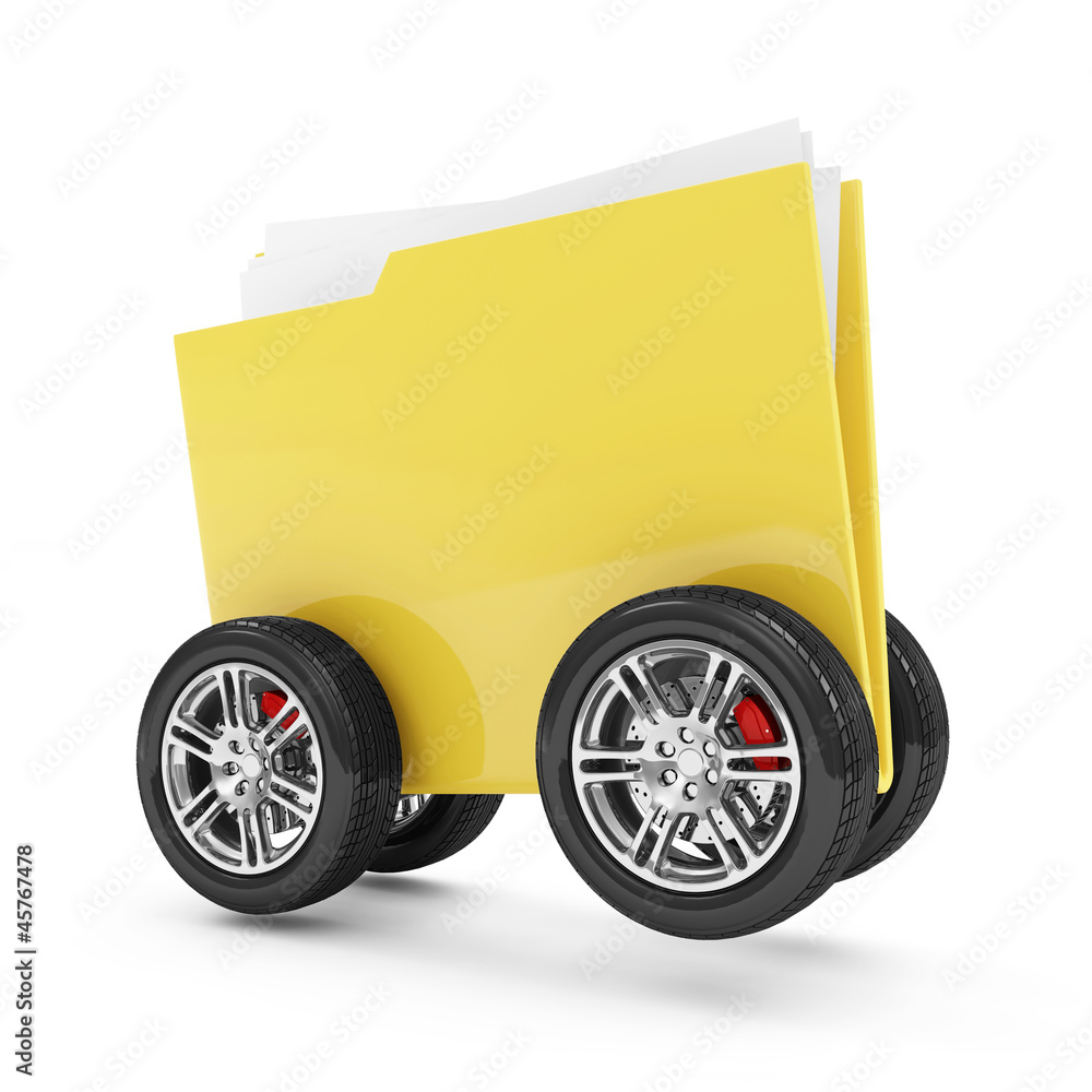 Naklejka premium Folder with Documents on Wheels over white background