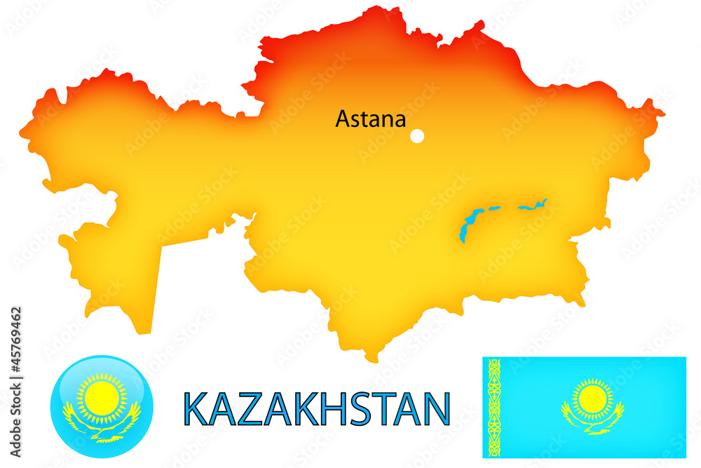 Obraz premium Physical map, blue flag with the symbols of Kazakhstan