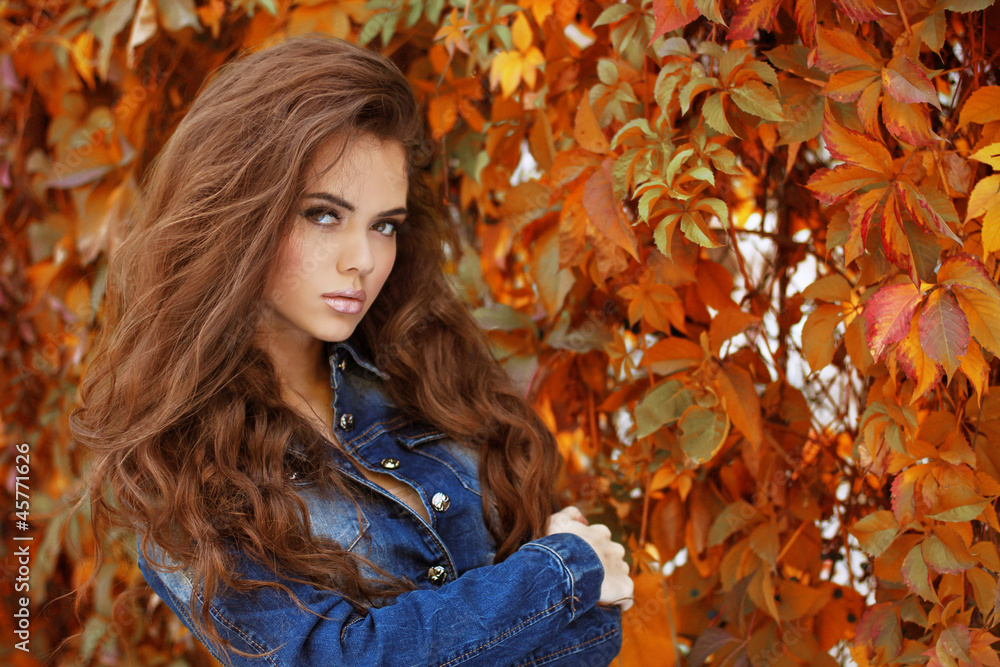 Beautiful elegant woman in a park, autumn portrait