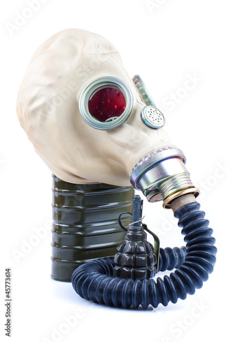 gas mask with grenade on white background photo