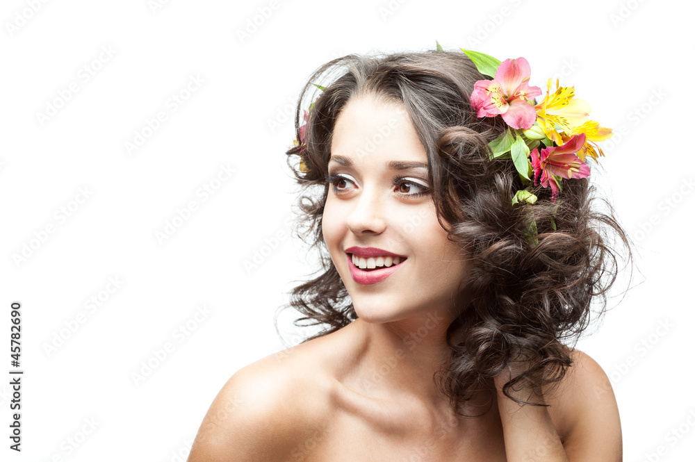beautiful smiling brunette girl with flowers in hair beautiful smiling brunette girl with flowers in hair