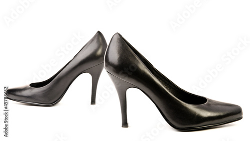 Black leather high heels pumps