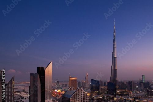 Fotografering A skyline view of Downtown Dubai, showing the Burj Khalifa
