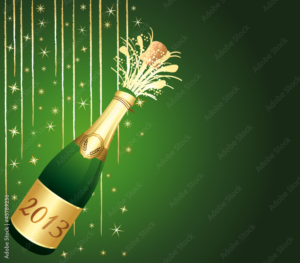 Carte de voeux verte et or. Bouteille de Champagne 2013. Stock Vector |  Adobe Stock