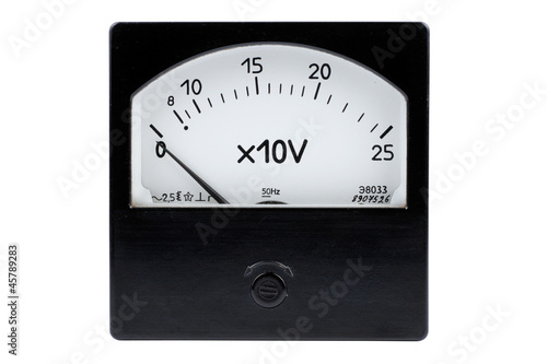 Vintage ancient voltmeter scale isolated on white