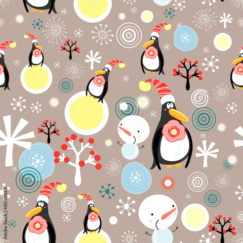 Christmas texture of penguins and snowmen Christmas texture of penguins and snowmen