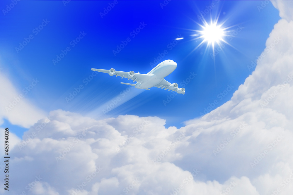 White passenger plane in the blue sky White passenger plane in the blue sky