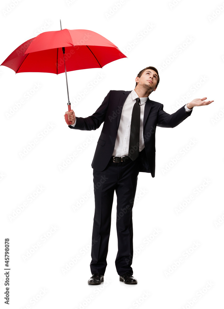 Palming up man with red umbrella checks the rain Palming up man with red umbrella checks the rain