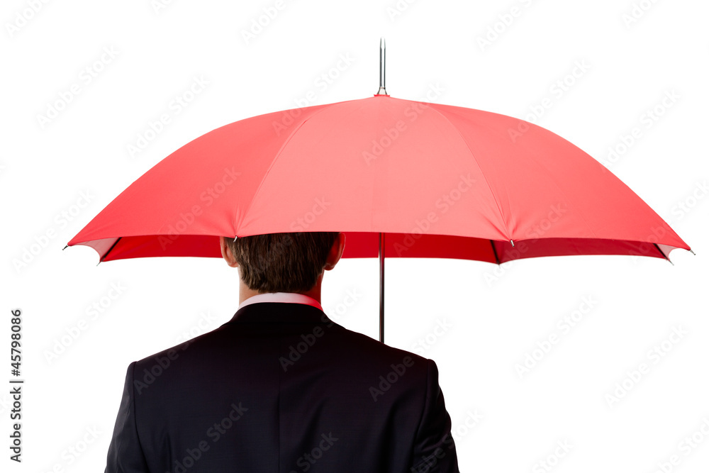 Back of the man holding opened red umbrella overhead