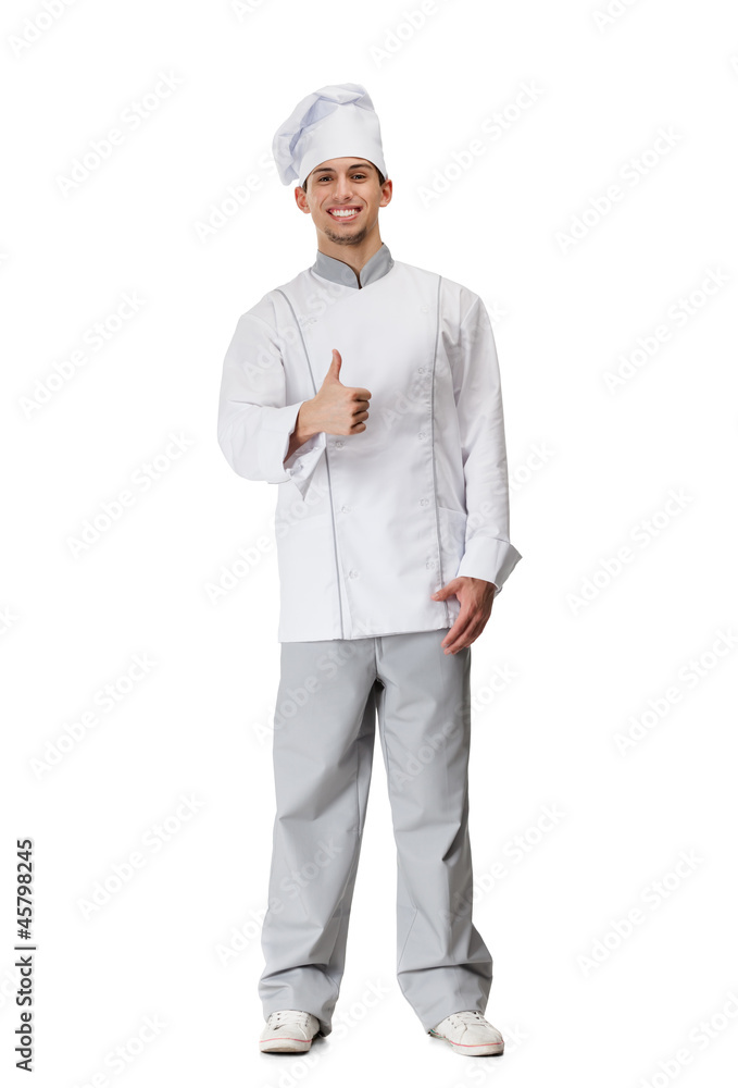 Cook in uniform thumbs up, isolated on white Cook in uniform thumbs up, isolated on white