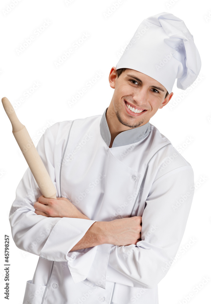 Chef cook in uniform hands wooden rolling pin, isolated on white