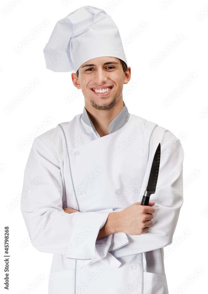 Chef cook in uniform hands knife, isolated on white Chef cook in uniform hands knife, isolated on white