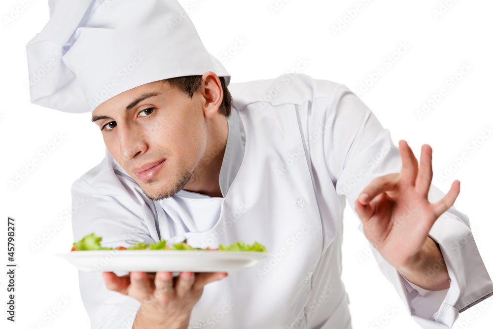 Portrait of chef cook handing salad dish, isolated on white Portrait of chef cook handing salad dish, isolated on white