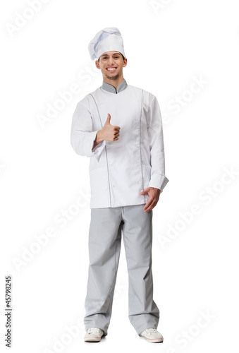 Cook in uniform thumbs up, isolated on white