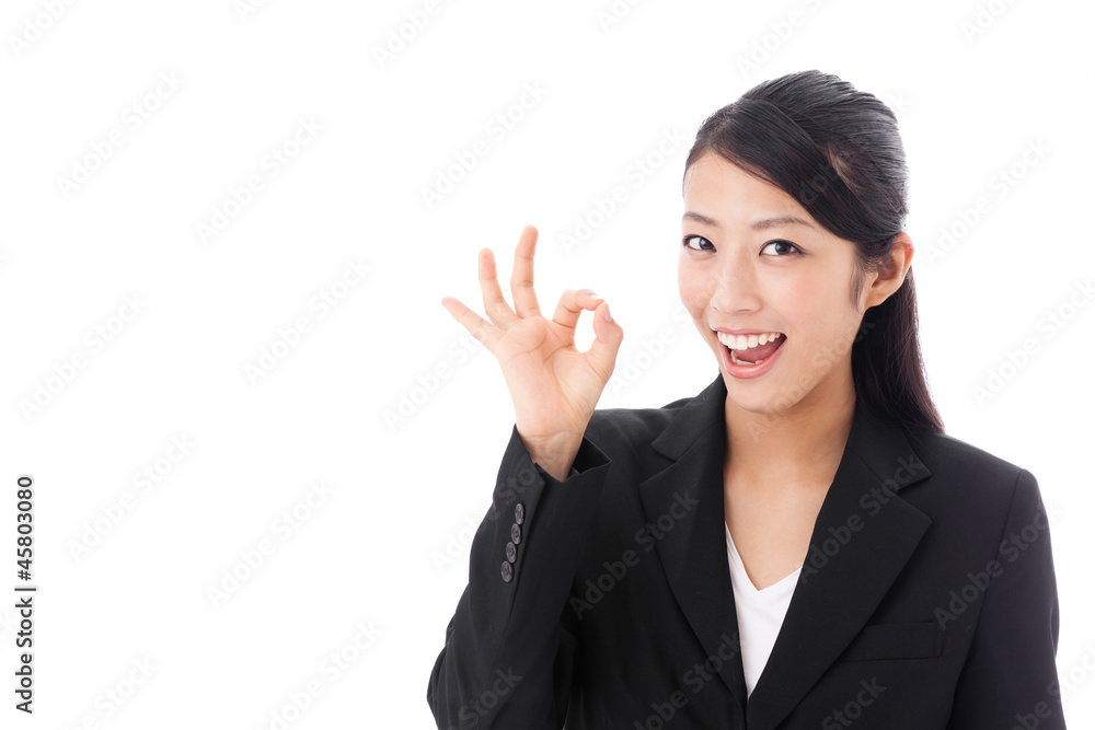 asian businesswoman showing okay sign on white background asian businesswoman showing okay sign on white background
