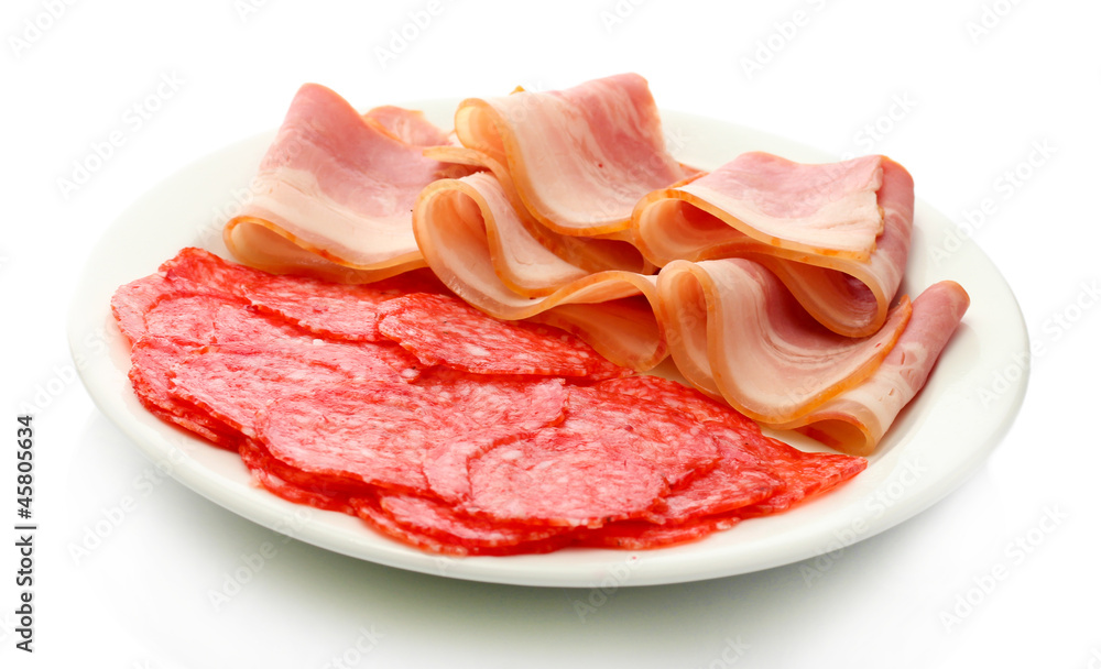 tasty bacon and sausage on plate, isolated on white tasty bacon and sausage on plate, isolated on white