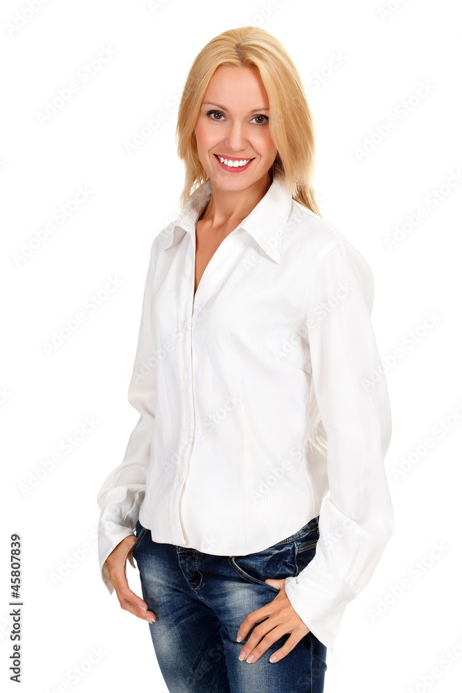 confident young lady posing against white background confident young lady posing against white background