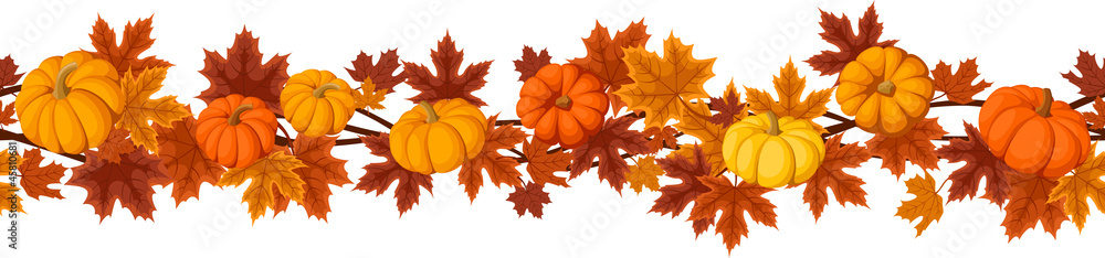 Fototapeta premium Vector horizontal background with pumpkins and autumn leaves