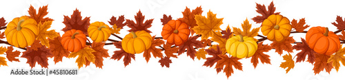 Vector horizontal background with pumpkins and autumn leaves