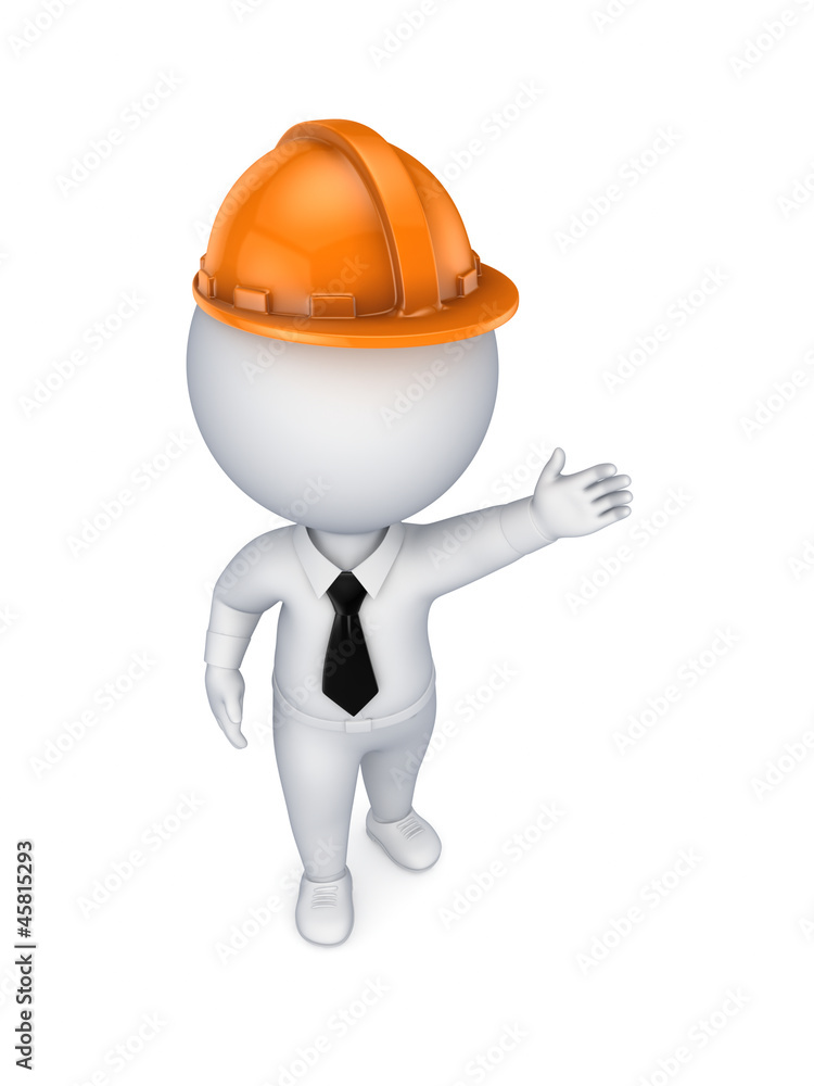 3d small person in an orange helmet.